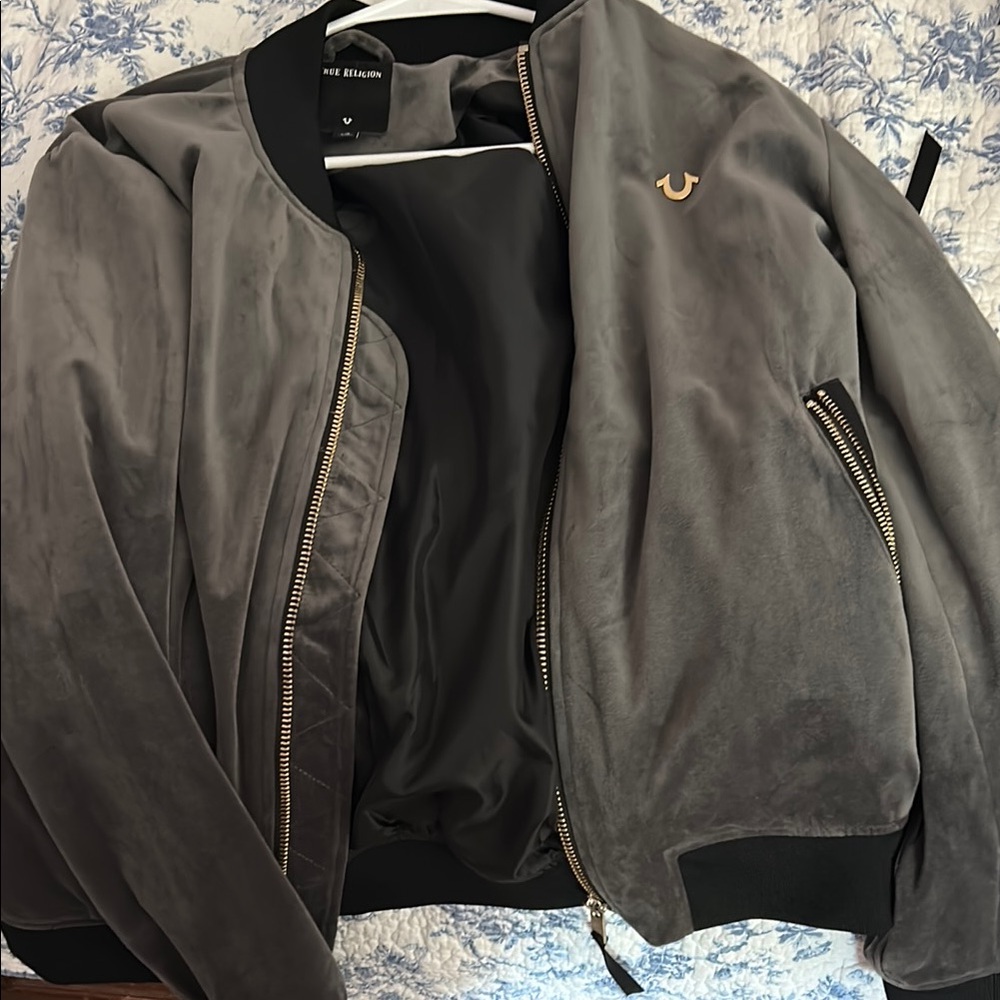 True Religion Gray Bomber Jacket with Ribbed Collar